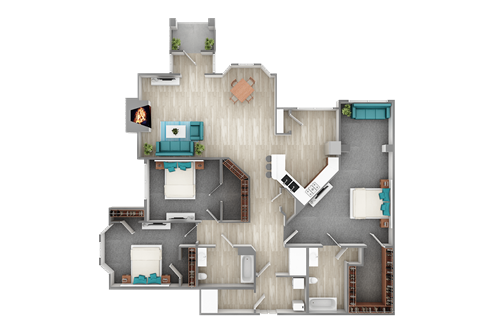 Floor plan for 3 beds, 2 baths, 1480 sqft